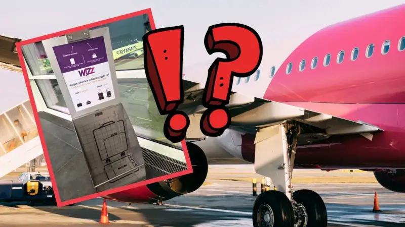 Wizz Air: czy można wziąć parasol do samolotu? Tablica kontrolna bagażu podręcznego obok samolotu Wizz Air.