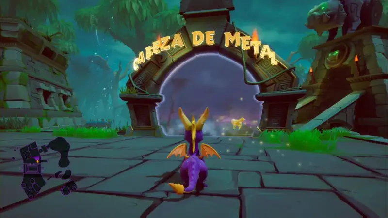 Spyro se acerca a un portal con la inscripción "Cabeza de Metal". El dragón morado está listo para la aventura.