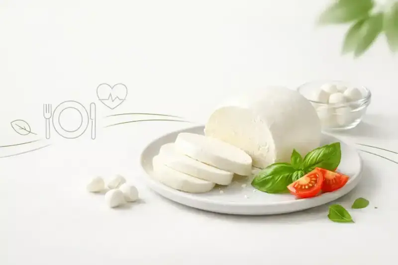 Czy mozzarella jest zdrowa? Świeża mozzarella z pomidorkami i bazylią na talerzu, symbolizująca zdrowy posiłek.