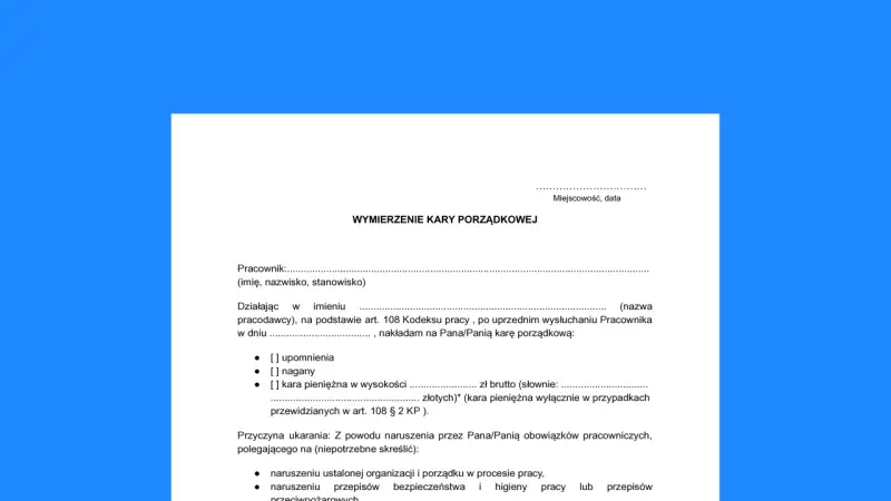 Dokument "Wymierzenie kary porządkowej" dla pracownika, który nie przeszedł szkolenie bhp.