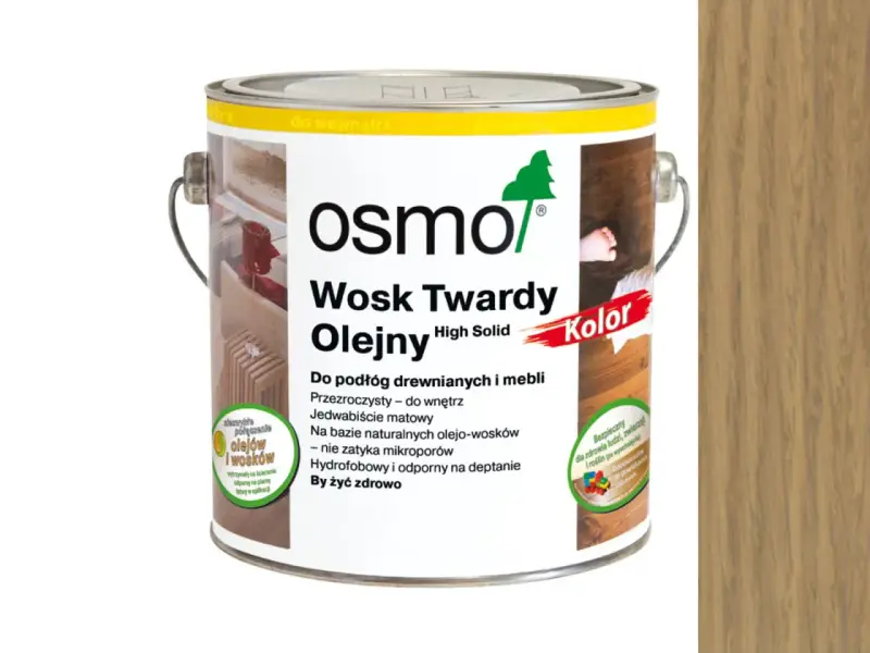 Puszka z produktem Osmo Wosk Twardy Olejny, który jest naturalnym olejowoskiem do podłóg i mebli.