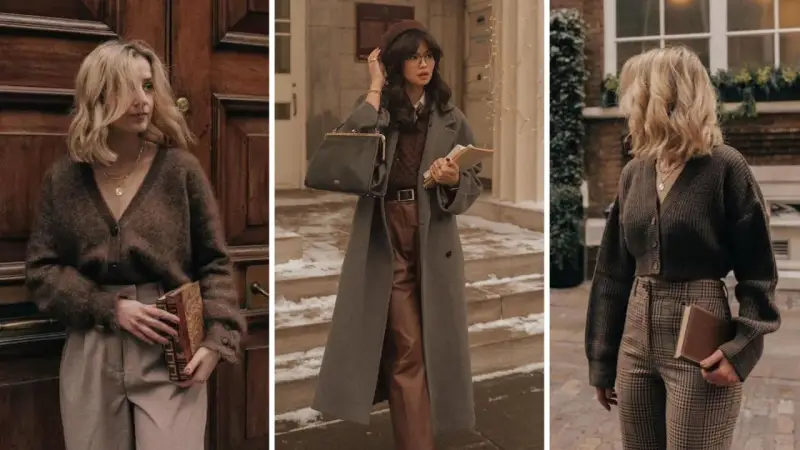 Tres mujeres con estilo dark academia, con abrigos largos, cárdigans y pantalones de cuadros, sostienen libros.