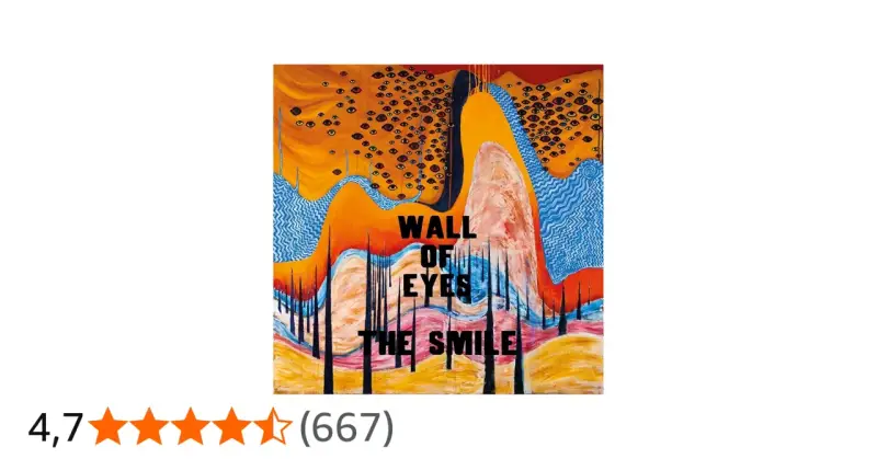 Obraz "Wall of Eyes" zespołu The Smile. Surrealistyczna kompozycja z licznymi oczami na pomarańczowym tle, przypominająca ścianę spojrzeń.