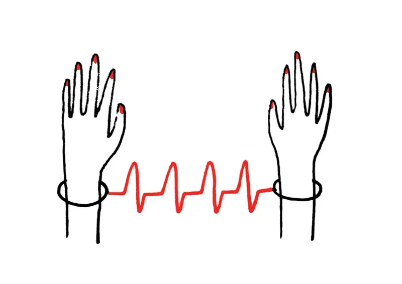 Dwie dłonie z czerwonymi paznokciami połączone linią EKG. Symbolizuje to trudny wybór związany z eutanazją.