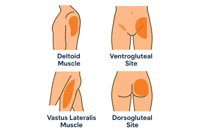 Illustration zeigt Injektionsstellen für eine Muskel-Spritze: Deltamuskel, Ventrogluteal, Vastus lateralis und Dorsogluteal.