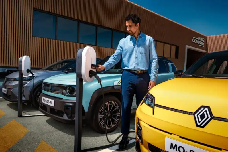 Un homme charge une automobile hybride électrique turquoise. Une voiture jaune est garée à côté.