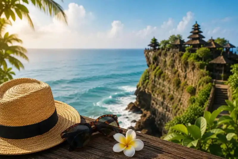Słoneczny dzień na Bali. Słomkowy kapelusz, okulary i kwiat frangipani na drewnianym tarasie z widokiem na ocean i świątynię na klifie. Idealne miejsce na wakacje, po szczepieniach.