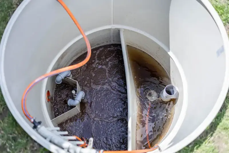 Wnętrze zbiornika biofos z ciemną wodą i rurami.