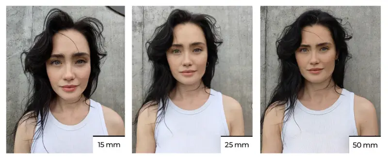 Portret kobiety w białej bluzce, prezentujący różne ogniskowe: 15 mm, 25 mm i 50 mm.