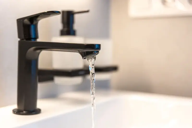 Robinet noir moderne, eau claire coulant dans un lavabo. Un adoucisseur d'eau est peut-être installé pour lutter contre l'eau calcaire.