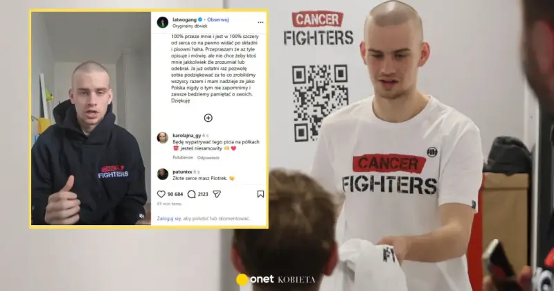 Młody mężczyzna w czarnej bluzie z napisem "Cancer Fighters" i białej koszulce z tym samym hasłem. To jego orginał, szczery przekaz.