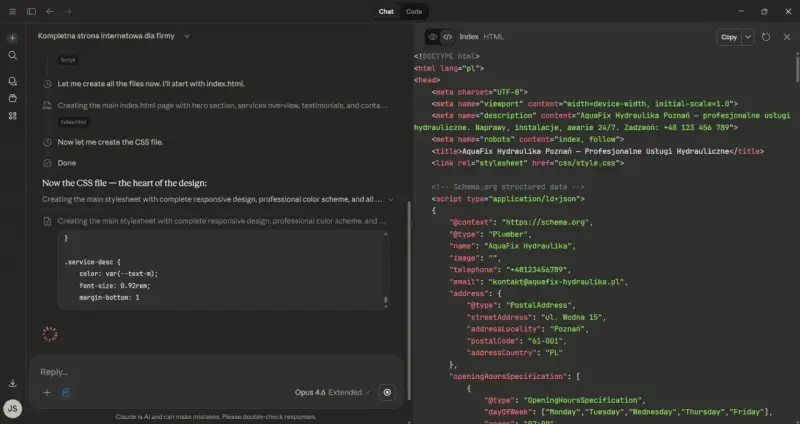 Kod HTML z danymi strukturalnymi Schema.org, zawierający znaczniki semantyczne dla firmy hydraulicznej.