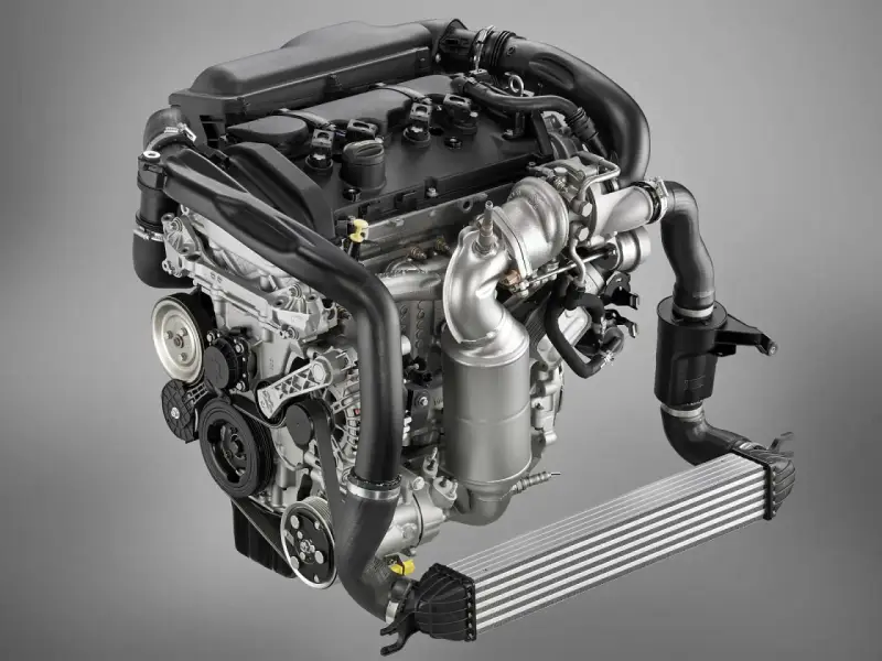 Silnik 1.6 THP z turbosprężarką i intercoolerem. Widoczne elementy układu dolotowego i paski napędowe.