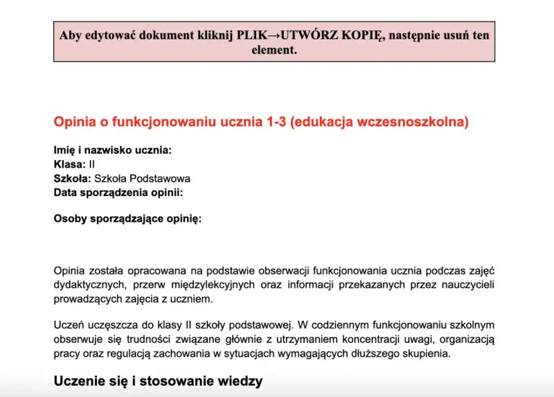 Opinia o funkcjonowaniu ucznia w edukacji wczesnoszkolnej, oceniająca jego postępy i trudności w nauce.