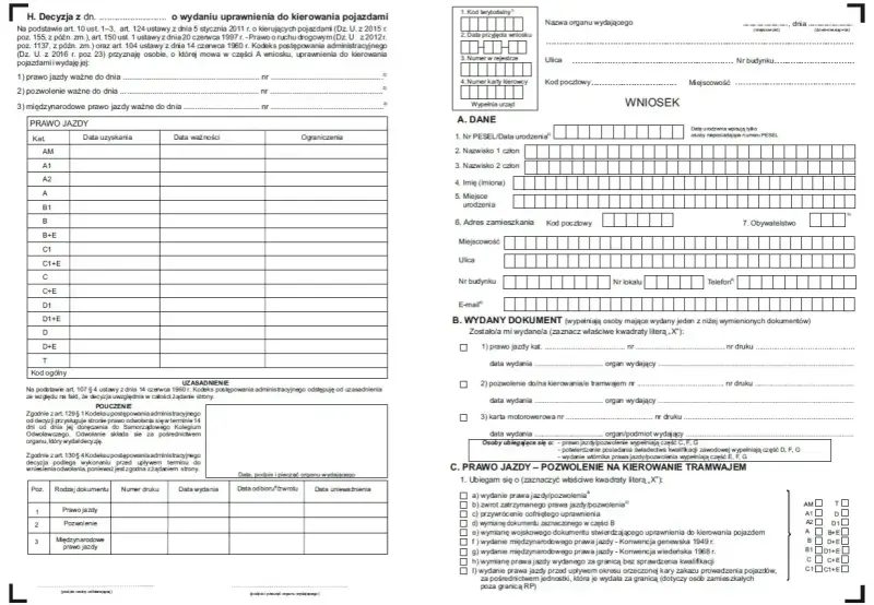Fragment formularza wniosku o wydanie prawa jazdy z polami do wypełnienia, tabelą kategorii prawa jazdy i sekcją danych osobowych.
