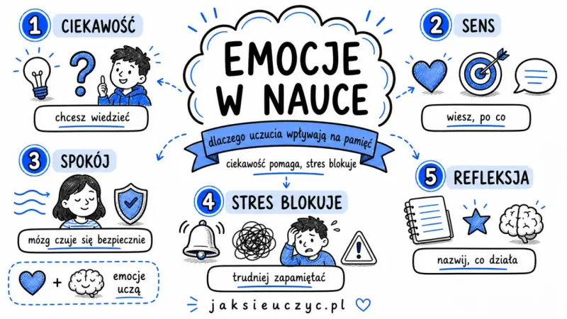 Emocje w nauce: ciekawość pomaga, stres blokuje. Gdy czujesz się bezpiecznie, łatwiej zapamiętać. Nie bądź intruzem dla swojej pamięci, pielęgnuj spokój.