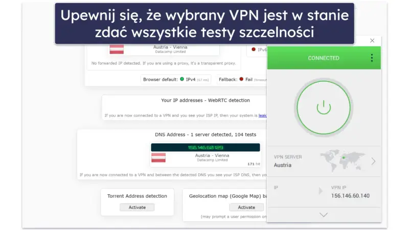 Jak sprawdzić czy VPN działa? Testy szczelności IP i DNS pokazują połączenie z Austrią.