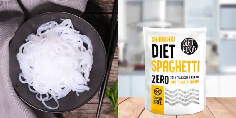 Makaron konjac na talerzu obok opakowania Shirataki Diet Spaghetti. Idealny wybór dla osób dbających o linię.