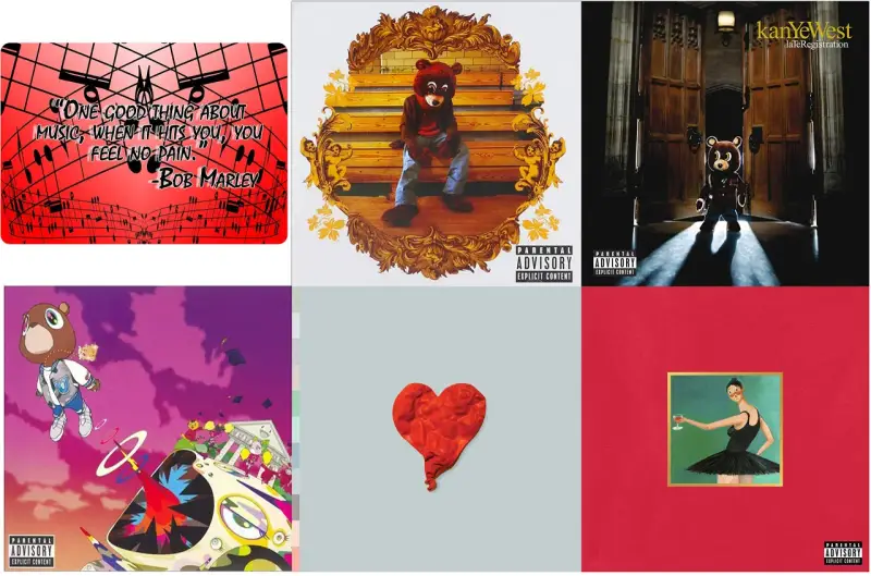 Six pochettes d'album de Kanye West, dont "Late Registration" avec un ours en peluche.