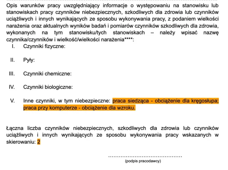 Dokument zawiera informacje o czynnikach szkodliwych w pracy, w tym o obciążeniu kręgosłupa i wzroku, co jest podstawą do skierowania na badania medycyny pracy.