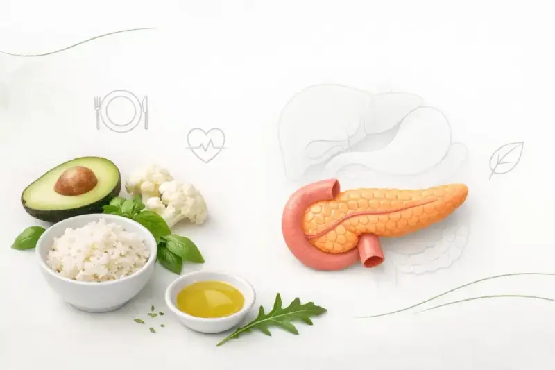 Zdrowe składniki jak ryż, awokado, kalafior i oliwa wspierają dietę trzustkową. Obok model trzustki i wątroby.