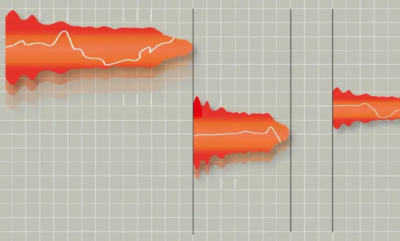 Pomarańczowe kształty z białymi liniami, przypominające zapis nutowy na piano roll, unoszą się nad szarą siatką.