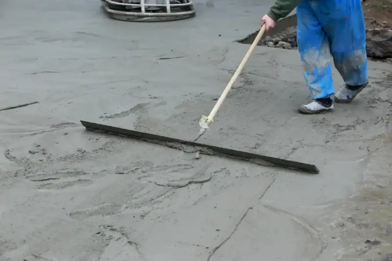Pracownik w niebieskich ogrodniczkach wygładza świeży beton długą pacą. Trwa wygrzewanie posadzki.