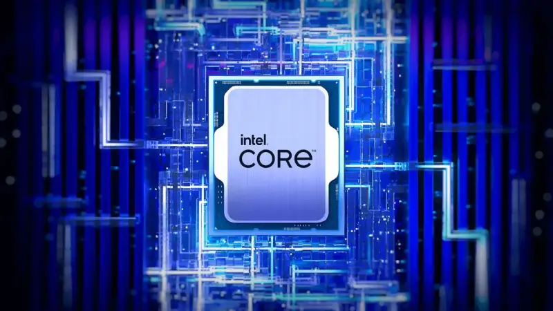 Processeur Intel Core, un cœur technologique au milieu d'un réseau bleu lumineux.