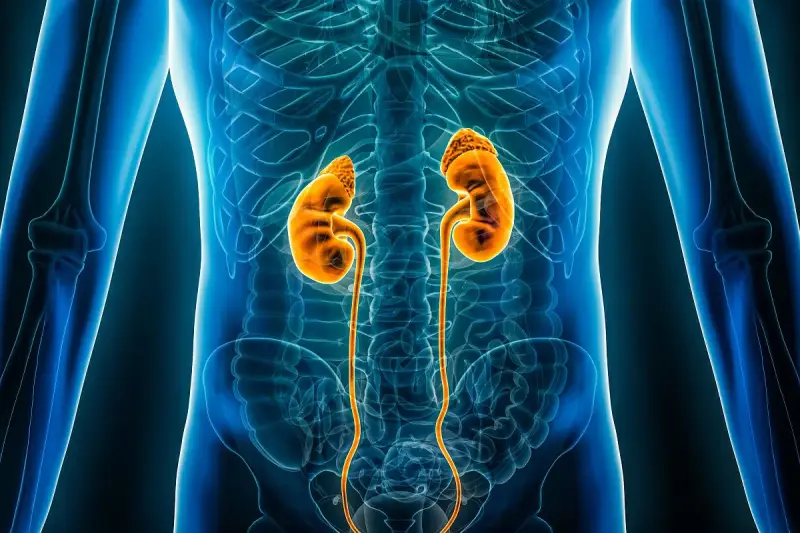 Anatomia człowieka z widocznymi pomarańczowymi nerkami i drogami moczowymi, które filtrują to, co zbędne z organizmu.