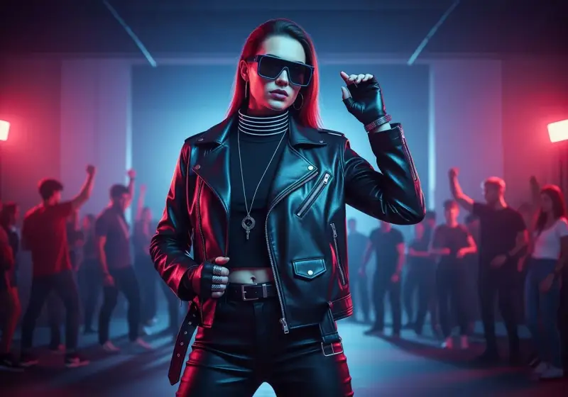 Skórzana ramoneska, okulary i rękawiczki to idealny outfit, jak się ubrać na imprezę techno. Tłum na tle neonów.