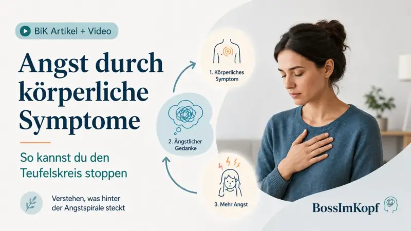Frau mit Hand auf der Brust, die einen Teufelskreis aus körperlichen Symptomen, ängstlichen Gedanken und mehr Angst zeigt. Eine Gedankenstopp-Technik kann helfen.