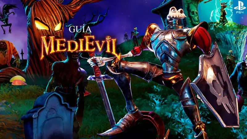 Guía MediEvil PS4: un caballero esquelético con armadura lucha contra zombis en un cementerio espeluznante.