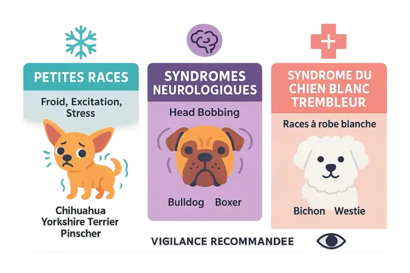 Un petit chien qui tremble, peut-être un Chihuahua, est montré à côté d'informations sur les petites races et le syndrome du chien blanc trembleur.