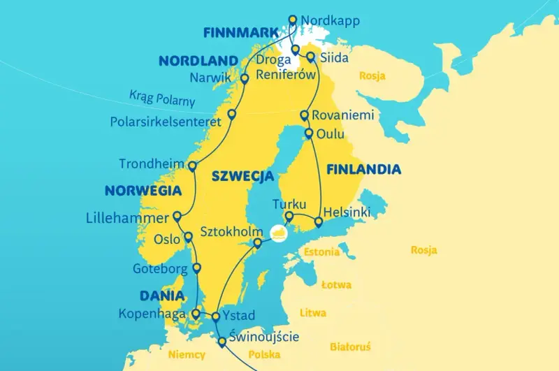 Trasa podróży przez Norwegię i Szwecję, obejmująca Nordkapp, Rovaniemi, Sztokholm i Oslo.