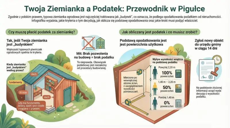 Ziemianka z fundamentami, ścianami i dachem, trwale związana z gruntem, może podlegać podatkowi od gruntu na którym stoi budynek.