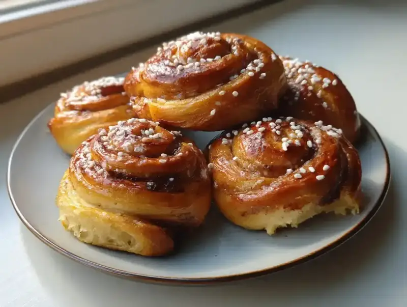 Fem gyllene kanelbullar med pärlsocker på en ljusblå tallrik. Perfekt för ett kanelbullar recept.