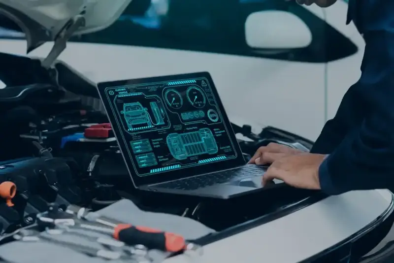 Diagnostyka komputerowa samochodu cena: mechanik analizuje dane z laptopa dotyczące elektrycznego pojazdu.