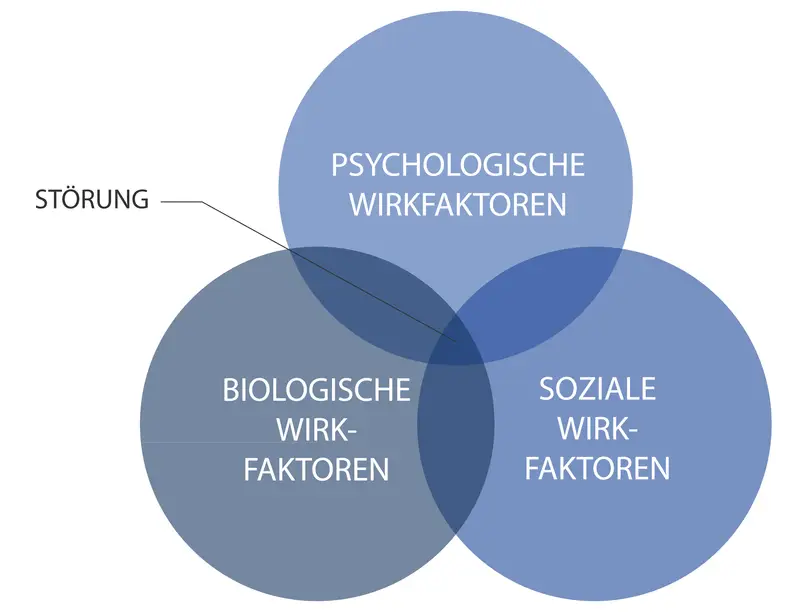 Venn-Diagramm zeigt, wie psychologische, biologische und soziale Faktoren zur Entstehung von Störungen beitragen. Ein Kernkonzept der Gesundheitspsychologie.