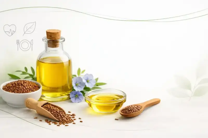 Olej lniany w butelce i miseczkach, nasiona lnu na łyżkach i w misce, niebieskie kwiaty lnu. Czy olej lniany jest zdrowy? Tak, to bogactwo kwasów omega-3.