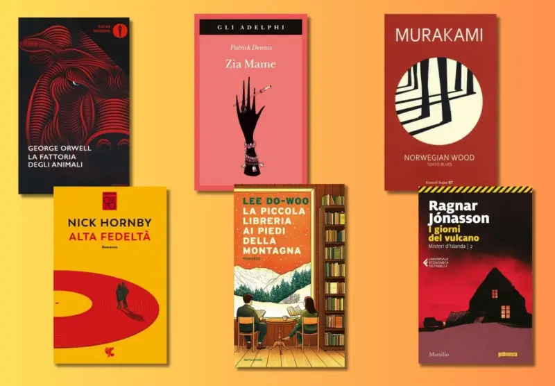 Sei libri brevi da leggere: "La fattoria degli animali", "Zia Mame", "Norwegian Wood", "Alta fedeltà", "La piccola libreria ai piedi della montagna", "I giorni del vulcano".