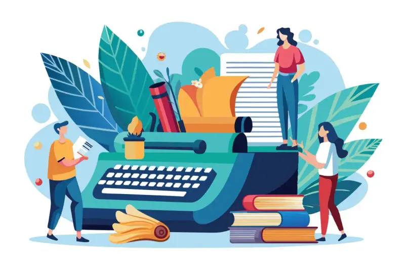 Des gens créatifs autour d'une machine à écrire, un exemple de note d'information sur l'écriture et la lecture.