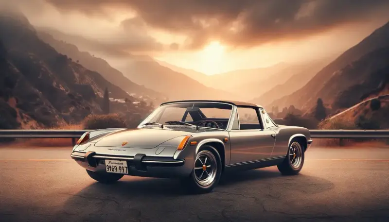 Srebrny Porsche 914 na tle górskiego krajobrazu o zachodzie słońca.