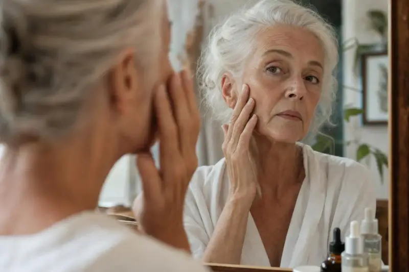 Donna anziana si tocca il viso, notando la pelle avvizzita a 65 anni. Riflessione nello specchio.