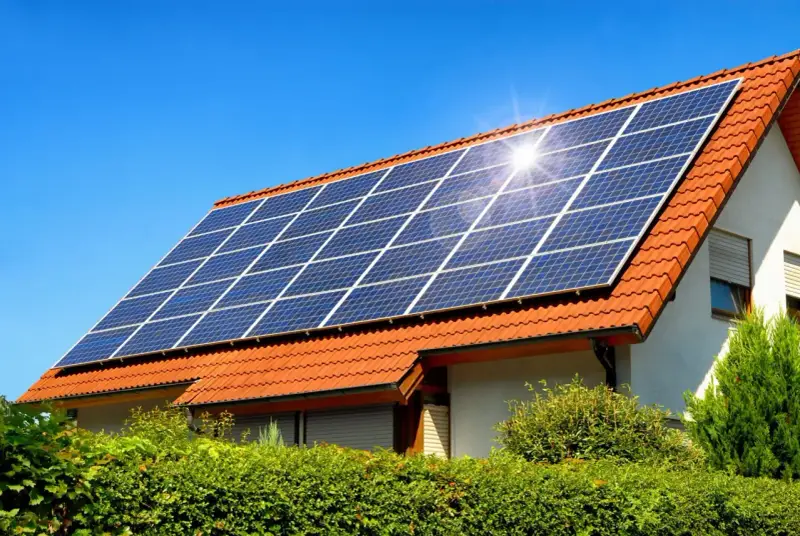 Instalacja fotowoltaiczna 10 kW cena z montażem na dachu domu pod błękitnym niebem.