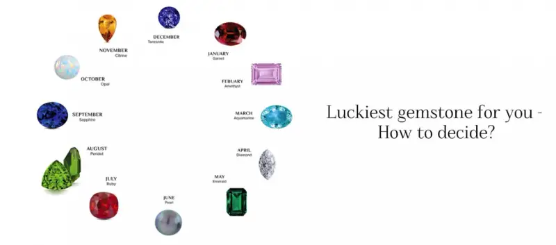 A circular chart displays birthstones, each labeled with its month and name, suggesting gemstones for good luck.