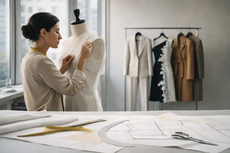 Modista ajusta un vestido en un maniquí, rodeada de patrones y prendas de **marcas pret a porter** colgadas en perchas.