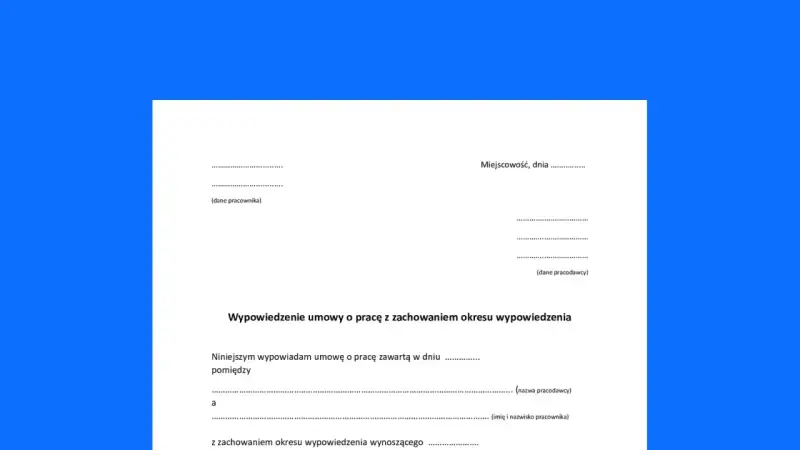 Wzór pisma o rozwiązanie umowy o pracę za porozumieniem stron. Dokument zawiera pola na dane pracownika i pracodawcy oraz treść wypowiedzenia.