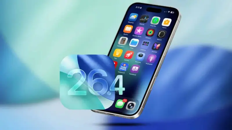 Nowe funkcje w iOS 26.4 na iPhonie: ikony aplikacji, w tym "Instamart", i powiadomienia.