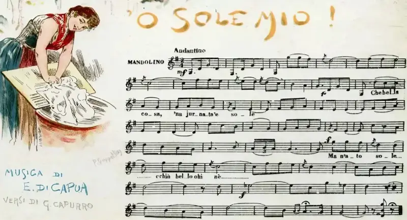 Ilustracja kobiety piorącej przy misce obok nut piosenki "O Sole Mio".