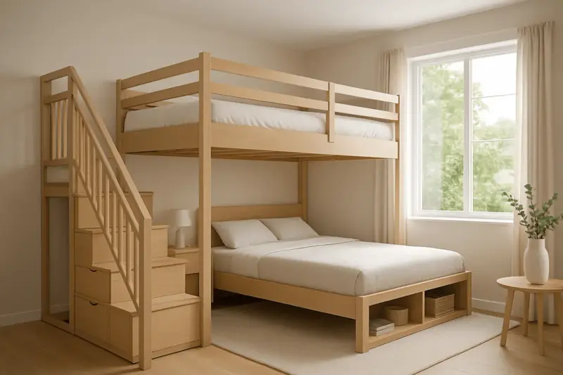 Aménagement mezzanine petit espace : lit superposé en bois clair avec escalier intégré et rangements. Idéal pour optimiser l'espace.